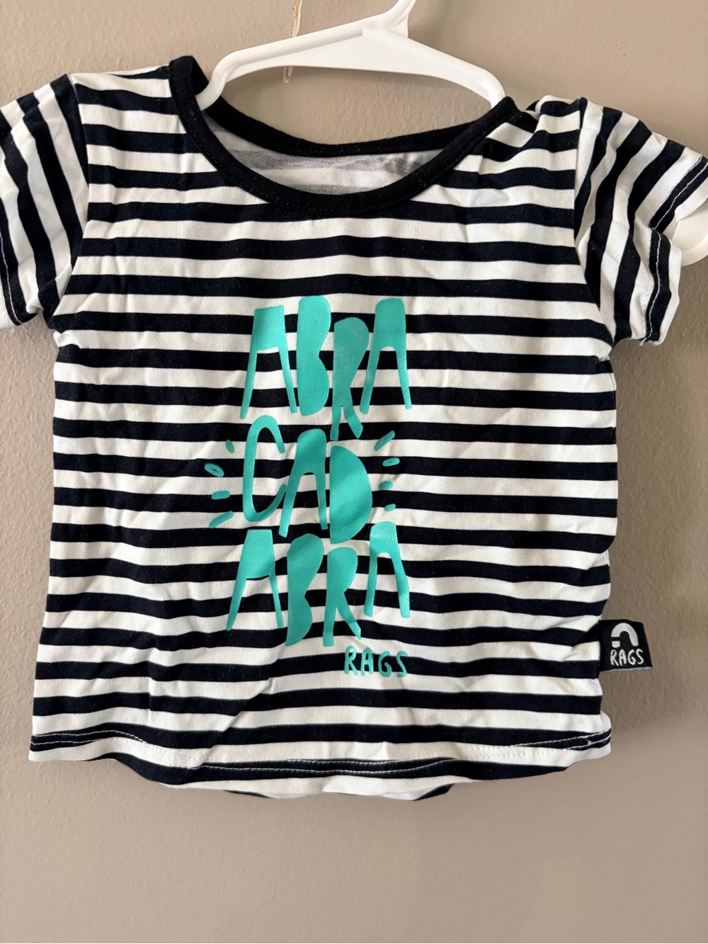 Rags to Raches Black & White Striped Tee with Teal Graphic